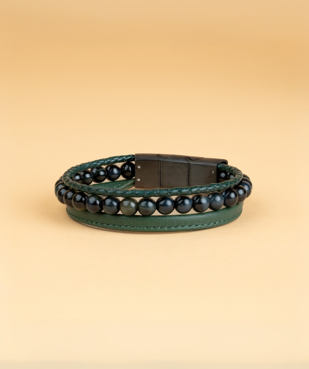 Brățară triplă cu piatră verde Ochi de Tigru de 6 mm și piele Nappa, Gemini
