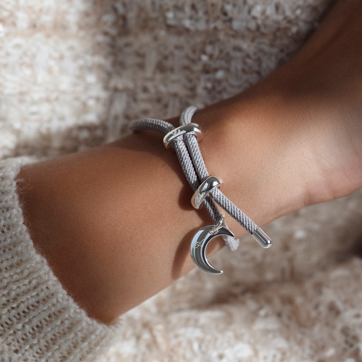 Women's bracelet sterling silver Liana grey cord with Lune pendant, adjustable, Lilou