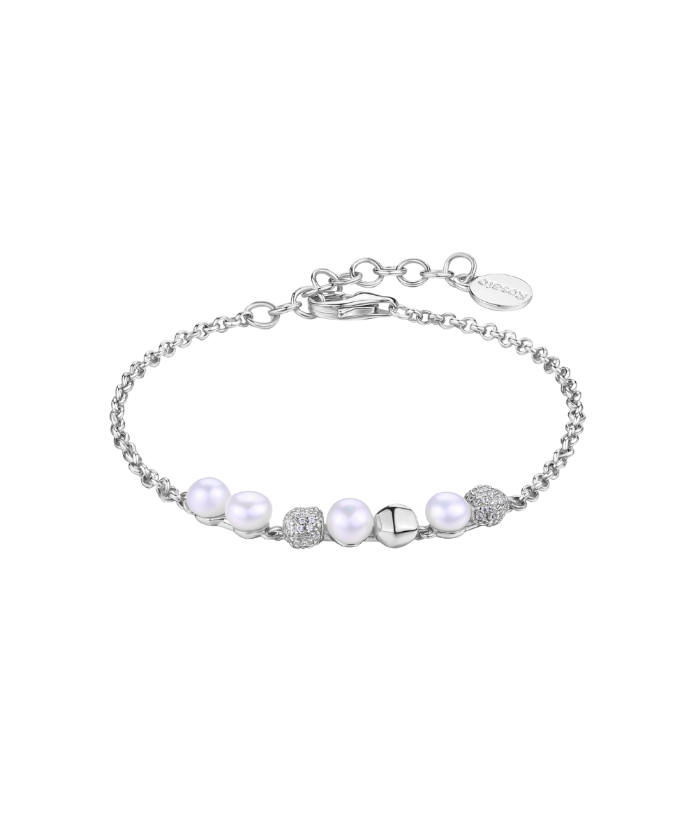 Women's silver bracelet AZZURRA fine chain, zirconia and natural pearls, ROSATO
