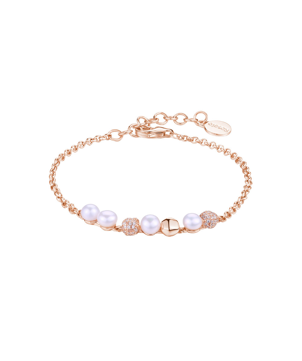 Bratara de dama din argint ajustabila AZZURRA cu lant fin si perle naturale, ROSATO