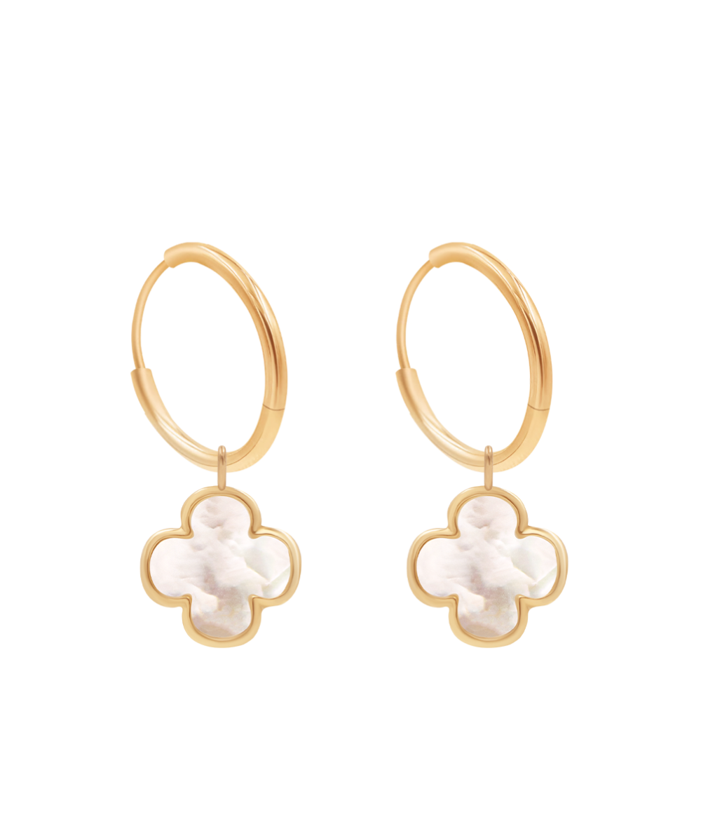 Women's earrings round gold with clover-shaped mother-of-pearl pendant, Lilou