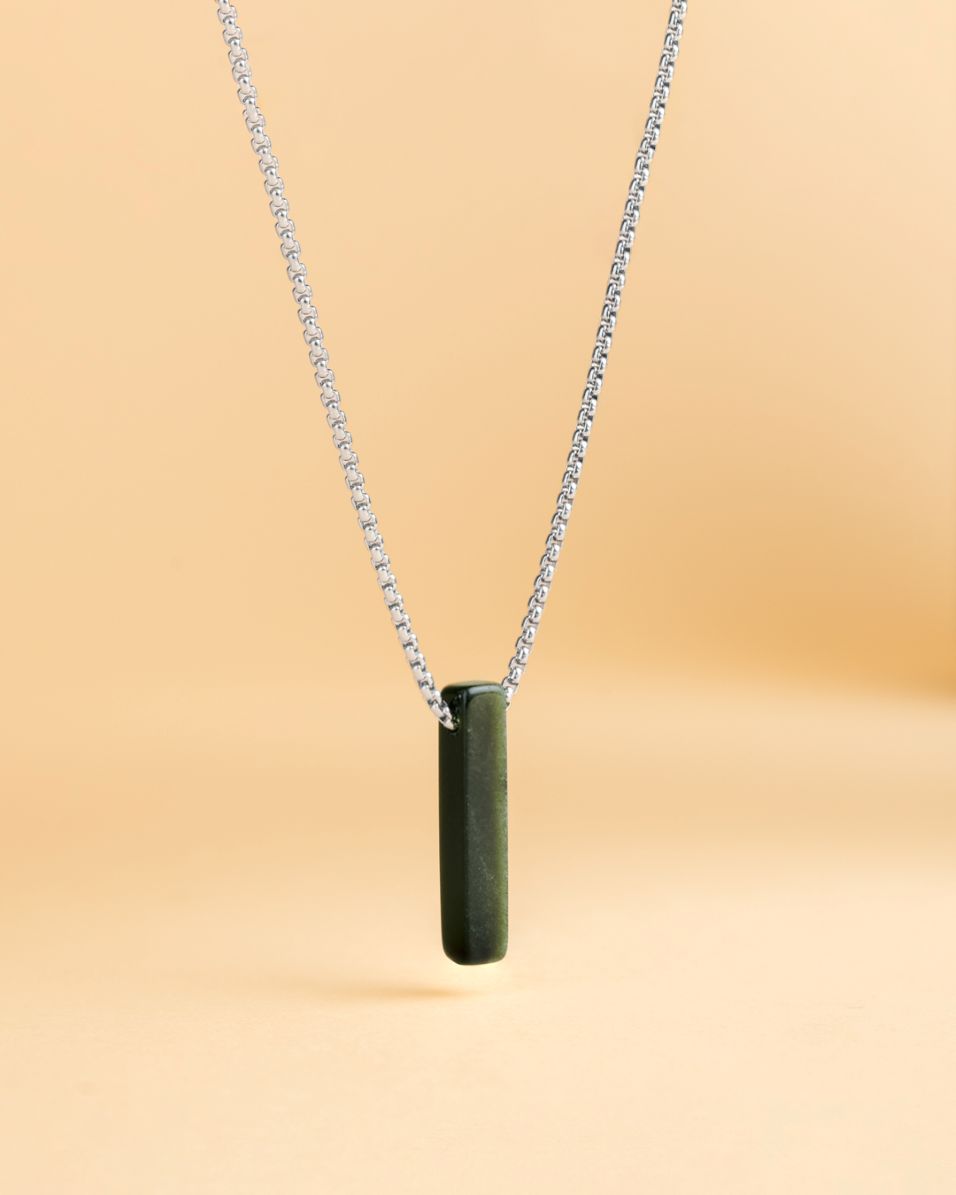 Colier bărbătesc din oțel inoxidabil cu piatră de obsidian verde, Gemini