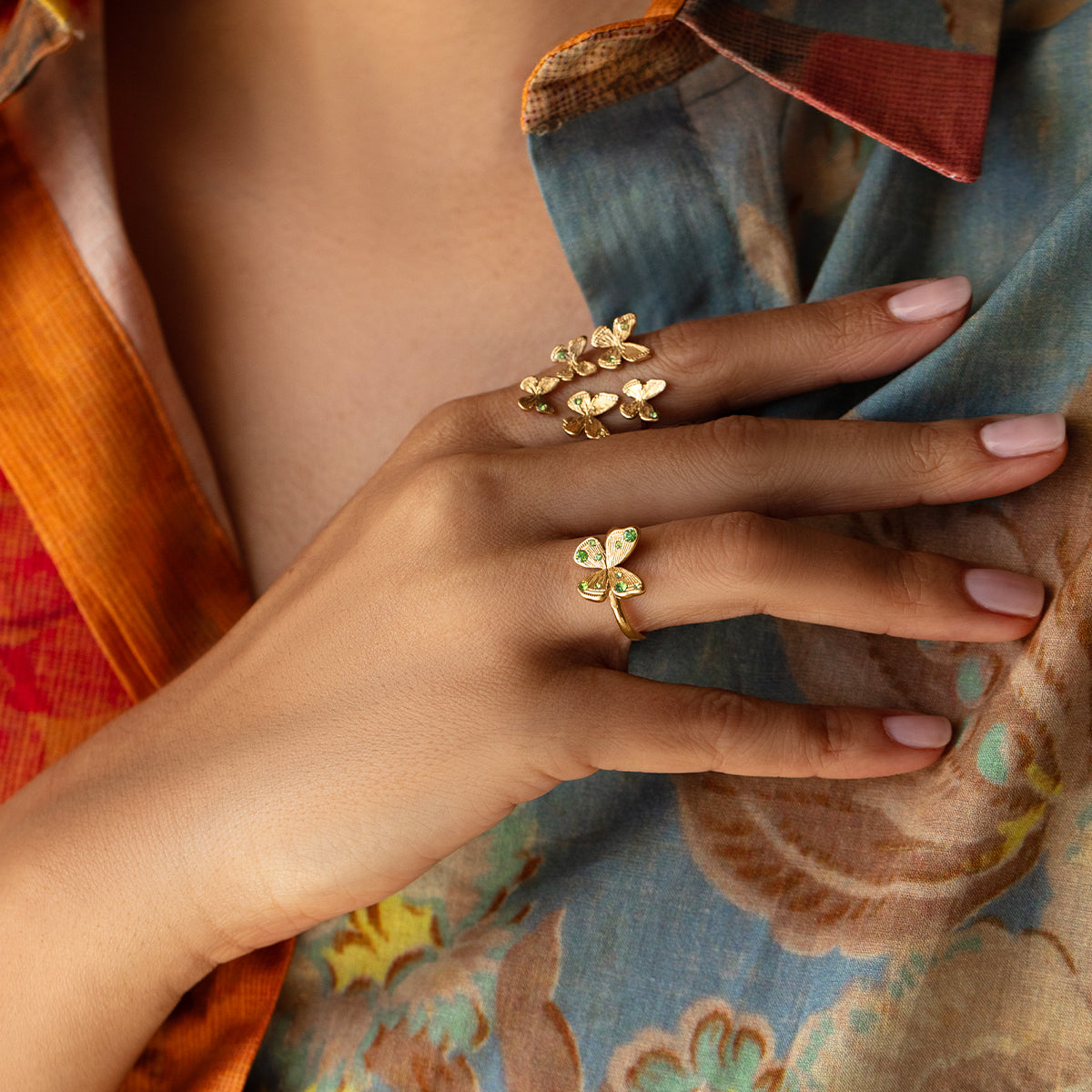 Inel dama Papillon 1,1 cm cu cristale verzi, placat cu aur, Lilou