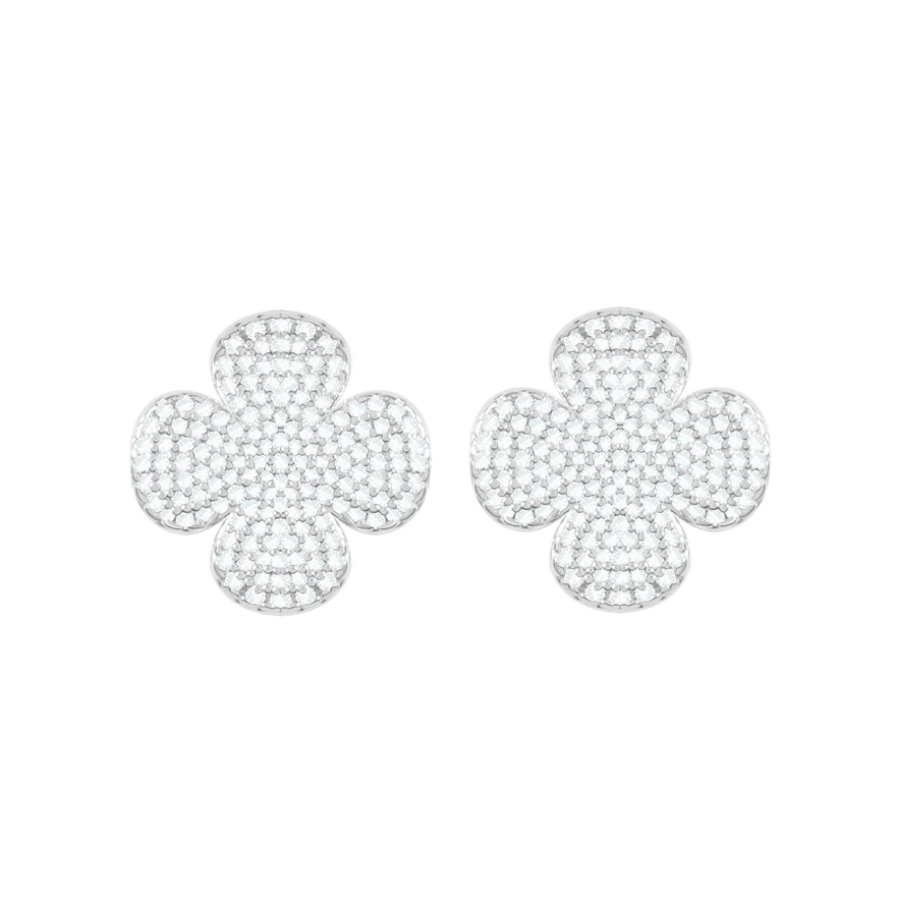 Cercei dama stud trifoi rotund 1 cm placat cu argint 925 cu zirconiu alb, Lilou