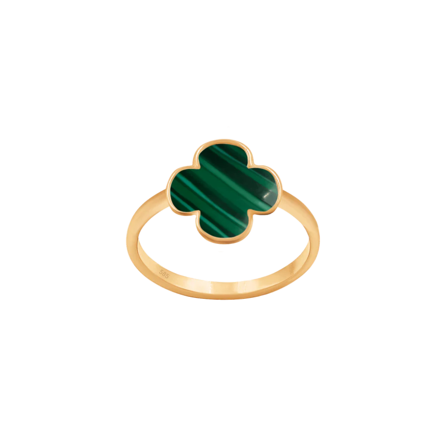 Inel de dama din aur galben 585 cu trifoi rotund din malachit verde, Lilou
