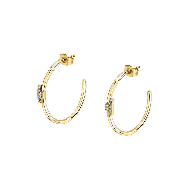 Women's earrings creole T-Logo stainless steel gold-plated with white crystals, TRUSSARDI