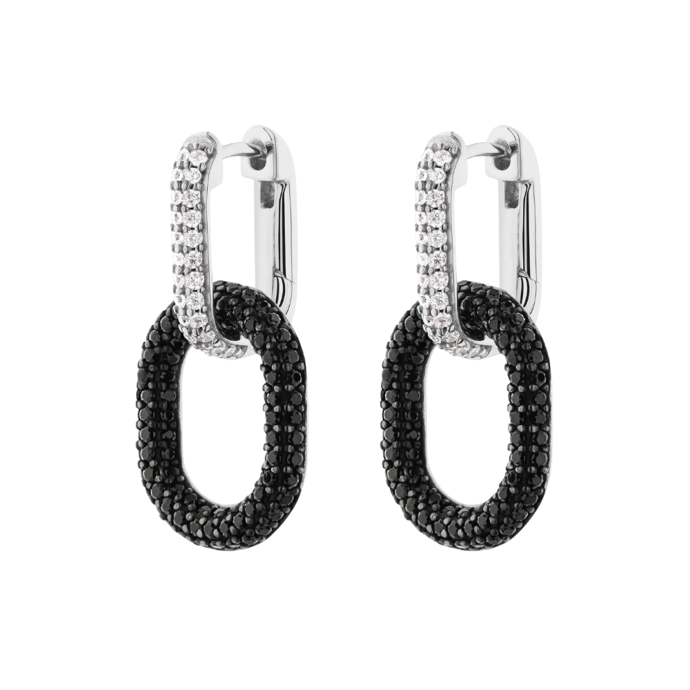 Women's earrings sterling silver LIQUID with black zirconia stones, JETTE