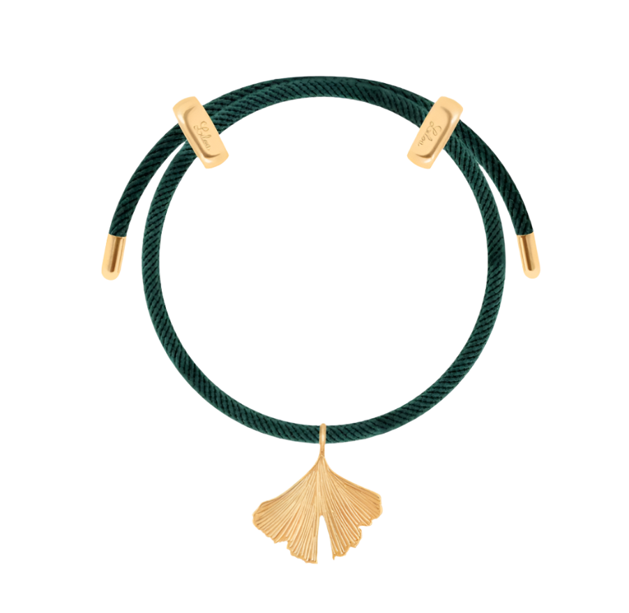 Women's bracelet Liana green cord with Ginko pendant, adjustable, Lilou