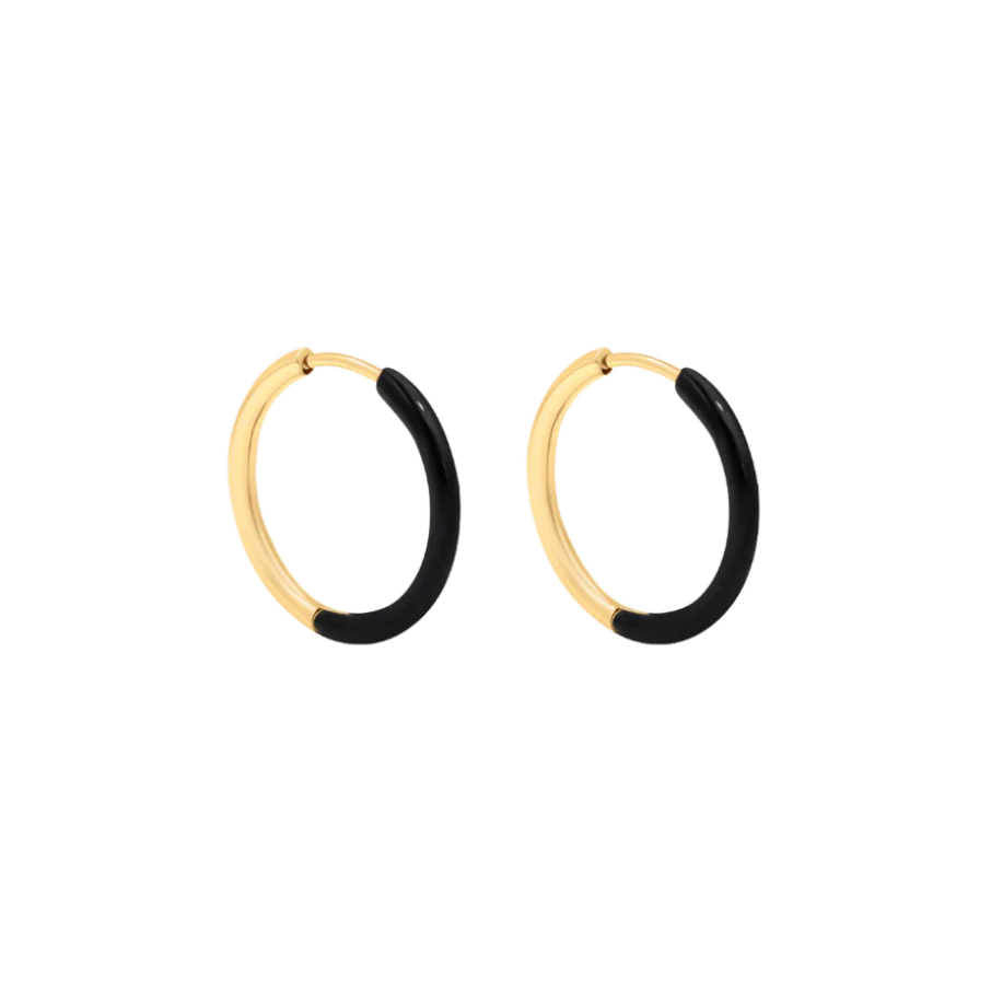 Cercei dama rotunzi placati cu aur cu email negru, Lilou