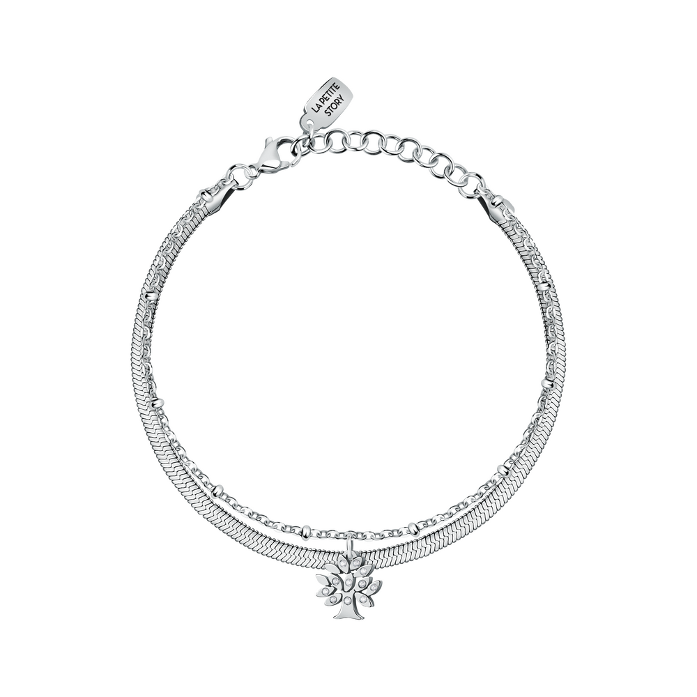 Women's Silver Double Chain Bracelet with Family Tree Pendant, Adjustable, LA PETITE STORY