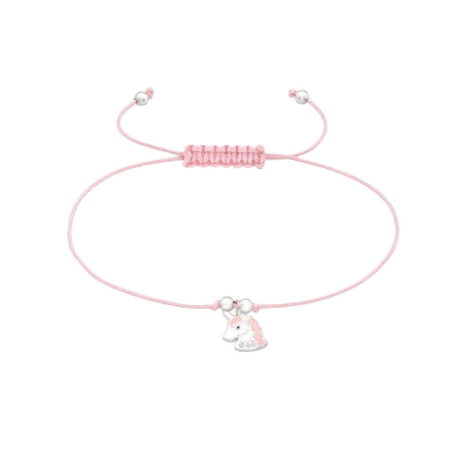 Brățară de damă din argint cu șnur roz și unicorn, Tessora