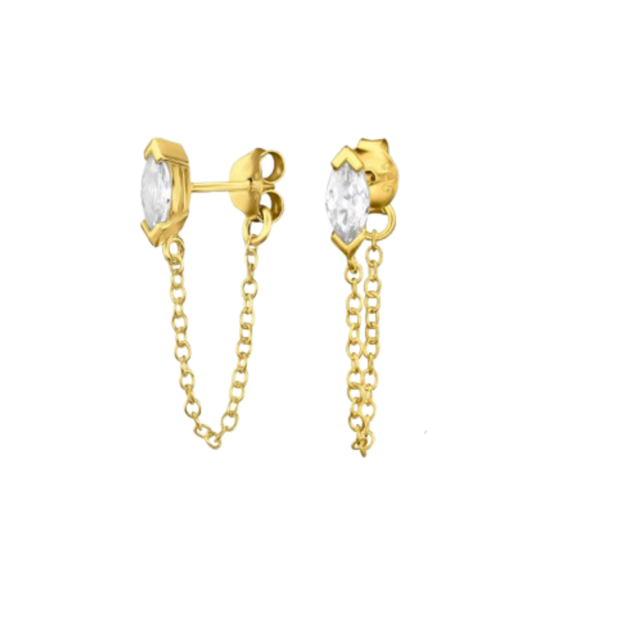 Women's silver earrings gold plated with stone and chain, Tessora