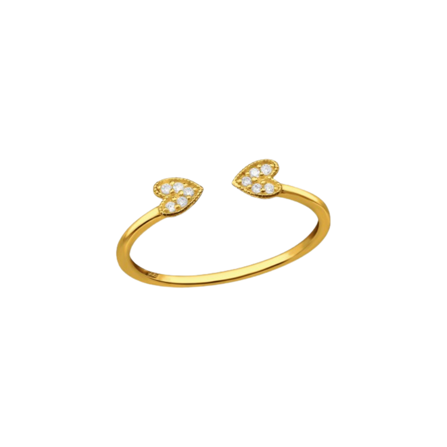 Women's silver open ring gold plated with two golden hearts, TESSORA