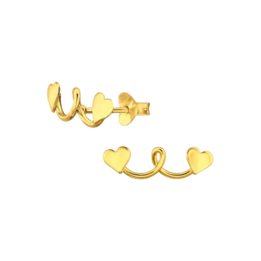 Women's silver earrings gold plated with curved golden hearts, TESSORA