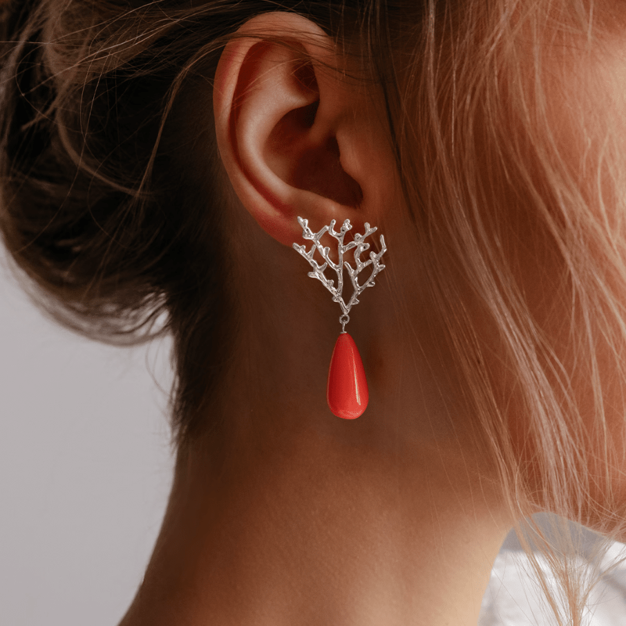 Women's Coral stud earrings with coral resin silver plated, Lilou - Earrings - 253/46/KOL/KOR/SR - Lilou - Tessora