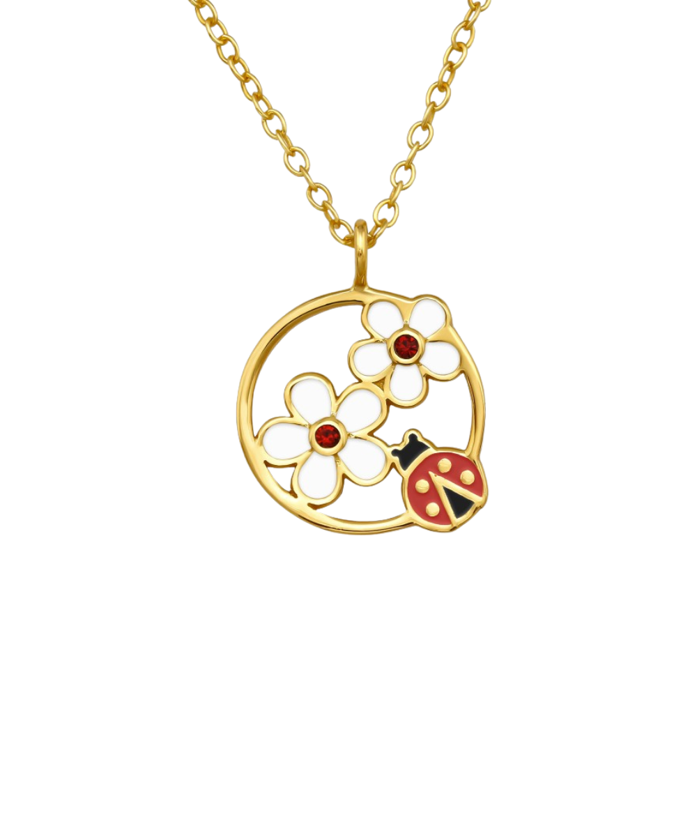 Women's silver necklace gold plated with ladybug and flowers, Tessora