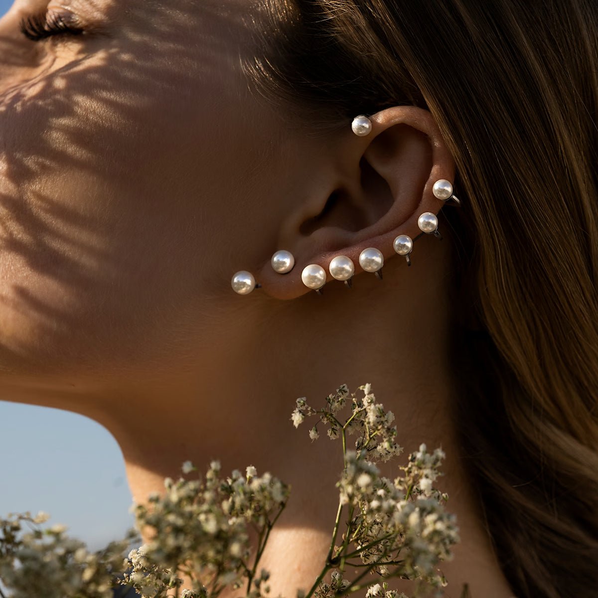 Cercei tip ear cuff Perle - 10 cm dreapta, placat cu argint - Cercei din argint - A03/MARKET/ANS/105 - Lilou - Tessora