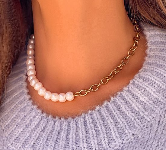 Colier cu perle mari si lant No.1 38 cm - Coliere cu perle - A03/MARKET/ANS/97 - Lilou - Tessora